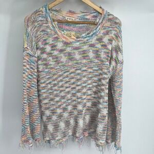 POL Rainbow Stripe Distressed Knit Sweater Womens Small Lightweight Boho Fringe